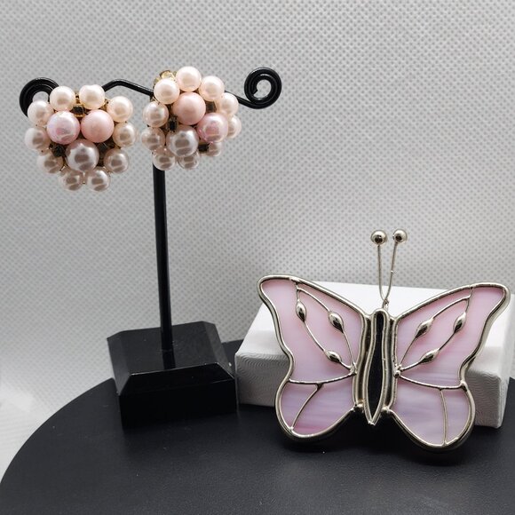 Jewelry - Iridescent Butterfly brooch with vintage pink and cream clip-on beaded earrings.